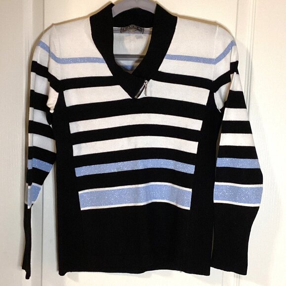 Laura Petites Women's Pullover Sweater V-Neck Size P/S  Blue Black White Stripes - Picture 1 of 7